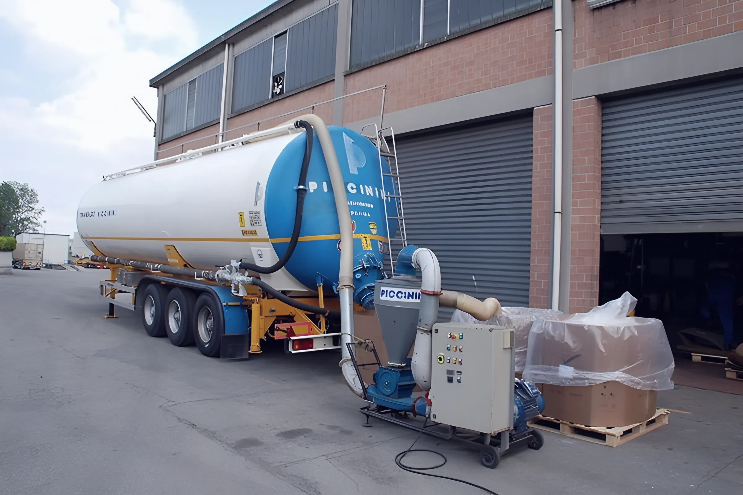 Piccinini silo trailer connected to a pneumatic transfer unit next to an octabin on a pallet