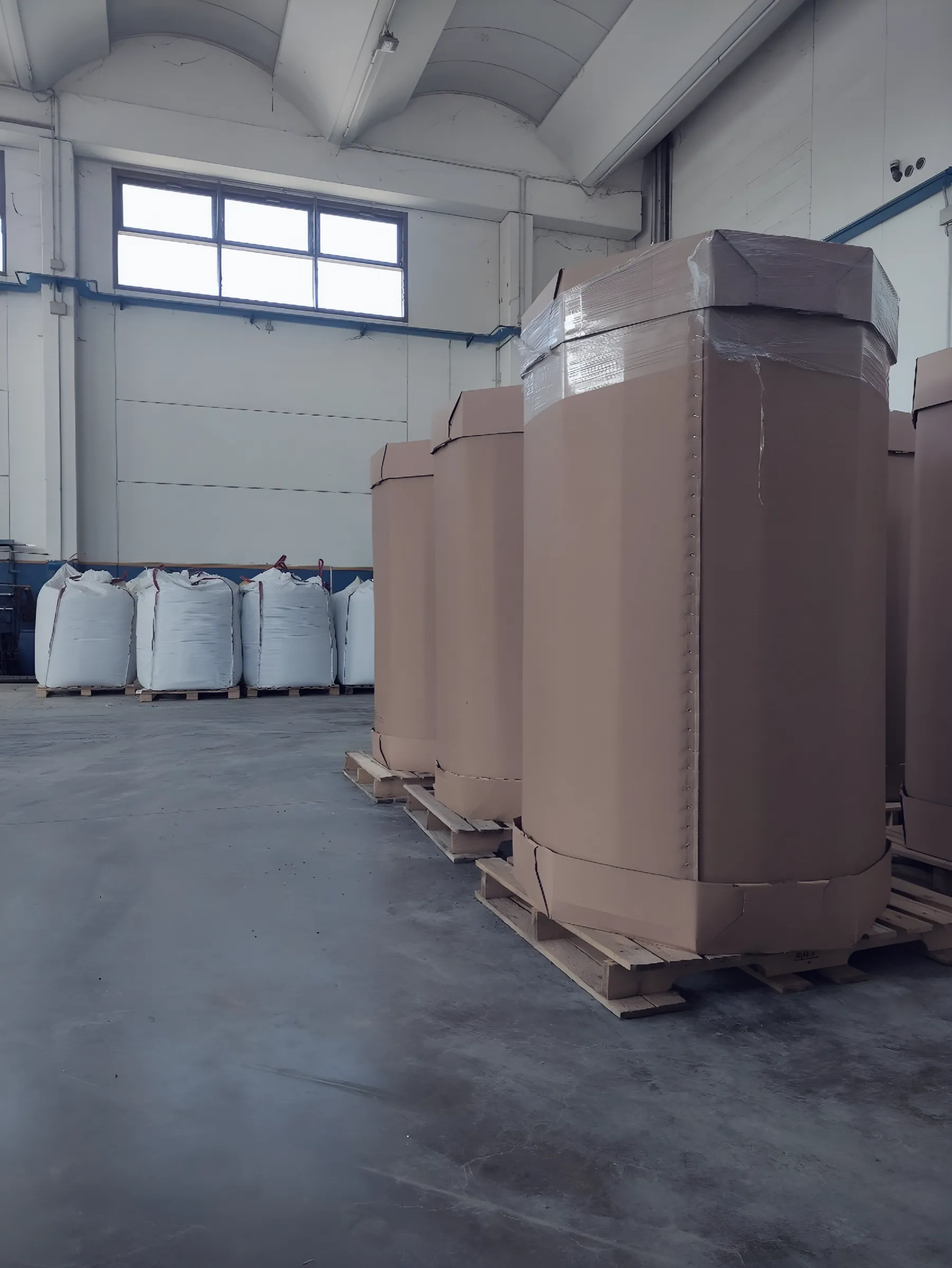Cardboard octabins and white big bags ready on pallets in the warehouse
