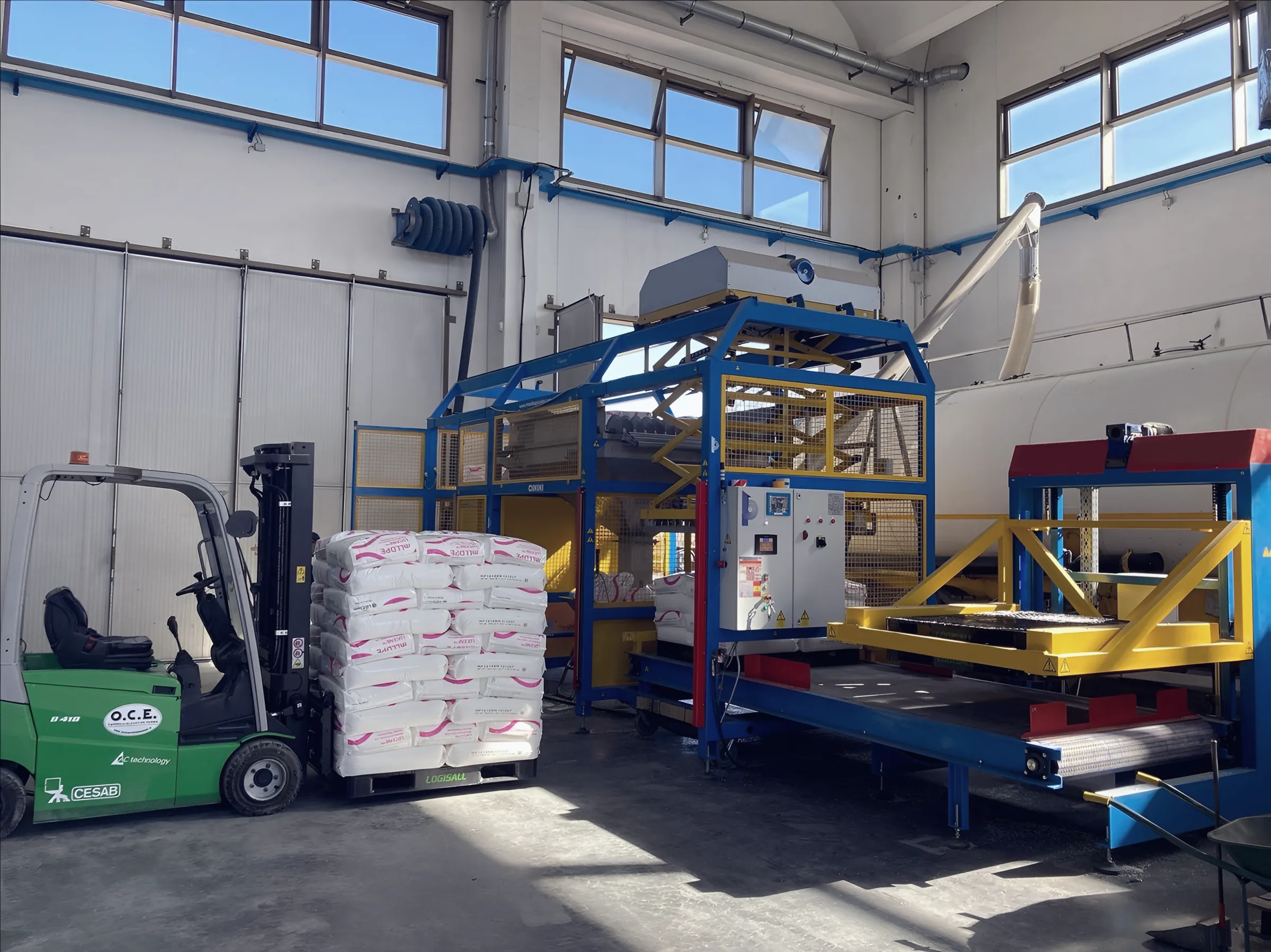 Big bag filling line with forklift and a pallet of bags