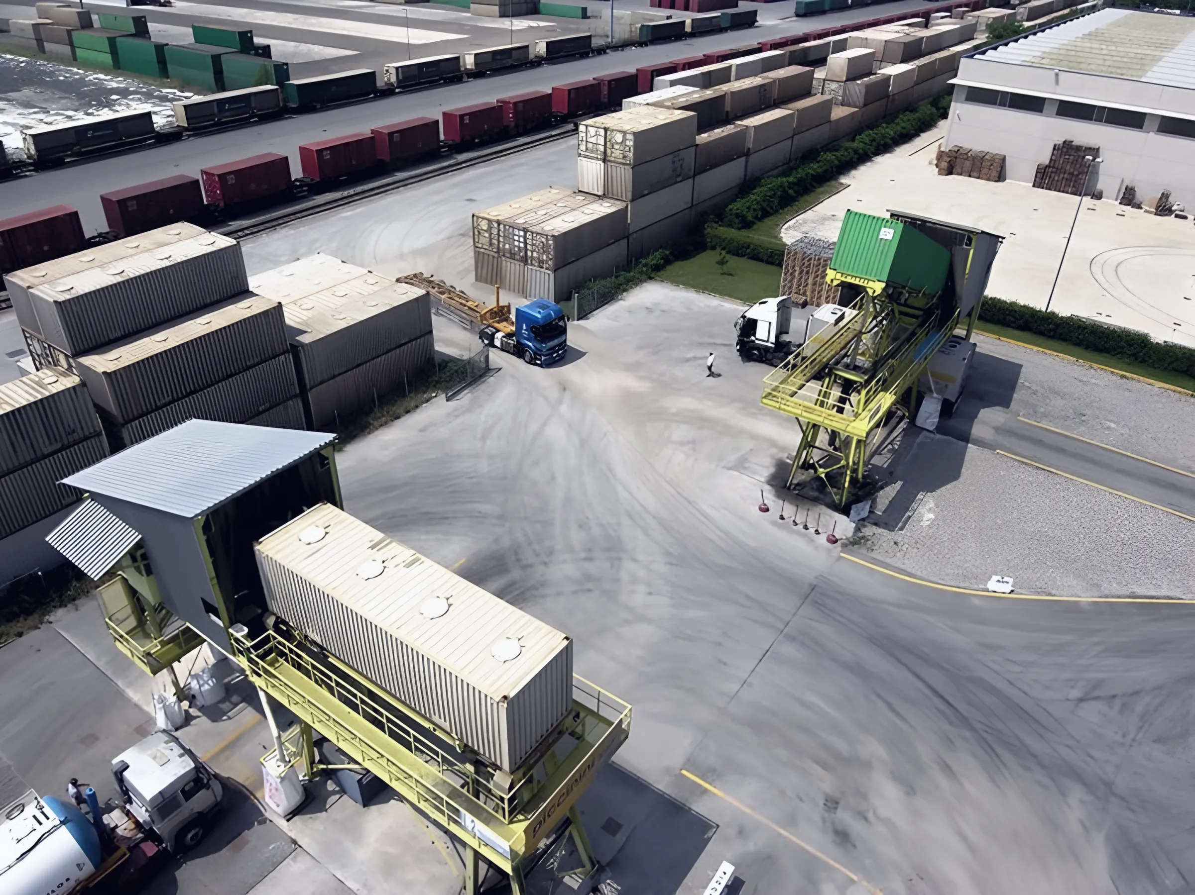Aerial view of two depot tippers with tilted containers and the yard