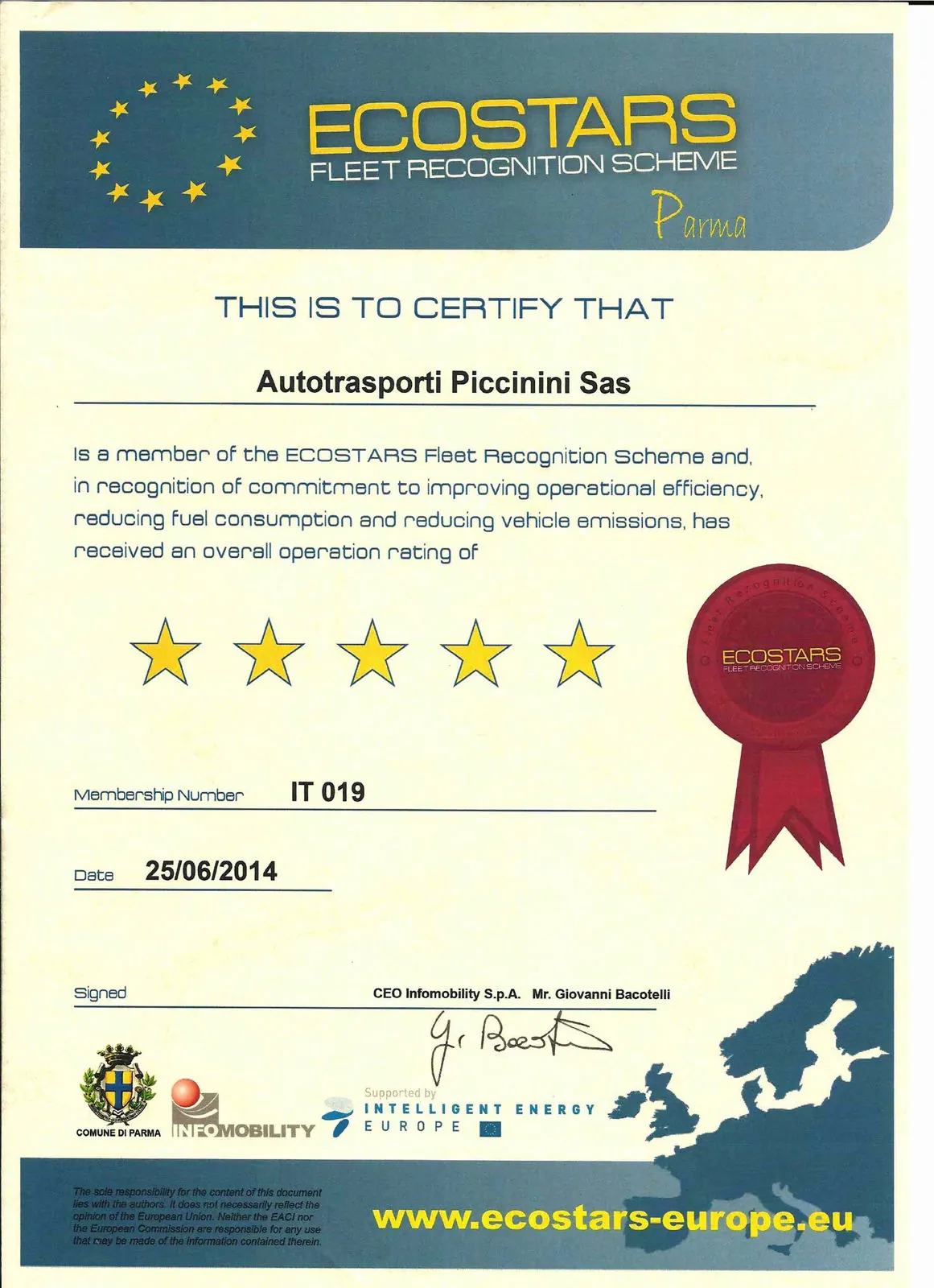 Ecostars Fleet Recognition Scheme Parma certificate with a 5-star rating, 2014
