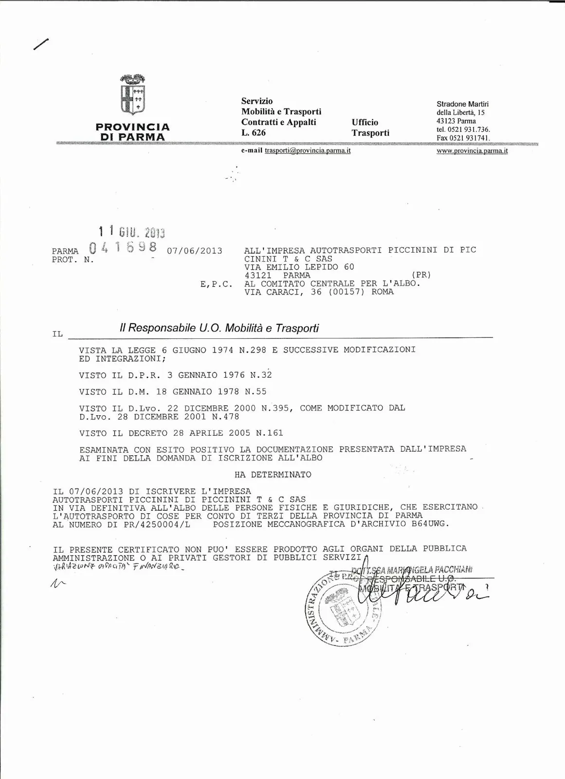 Province of Parma: registration in the register of road hauliers for hire, 2013