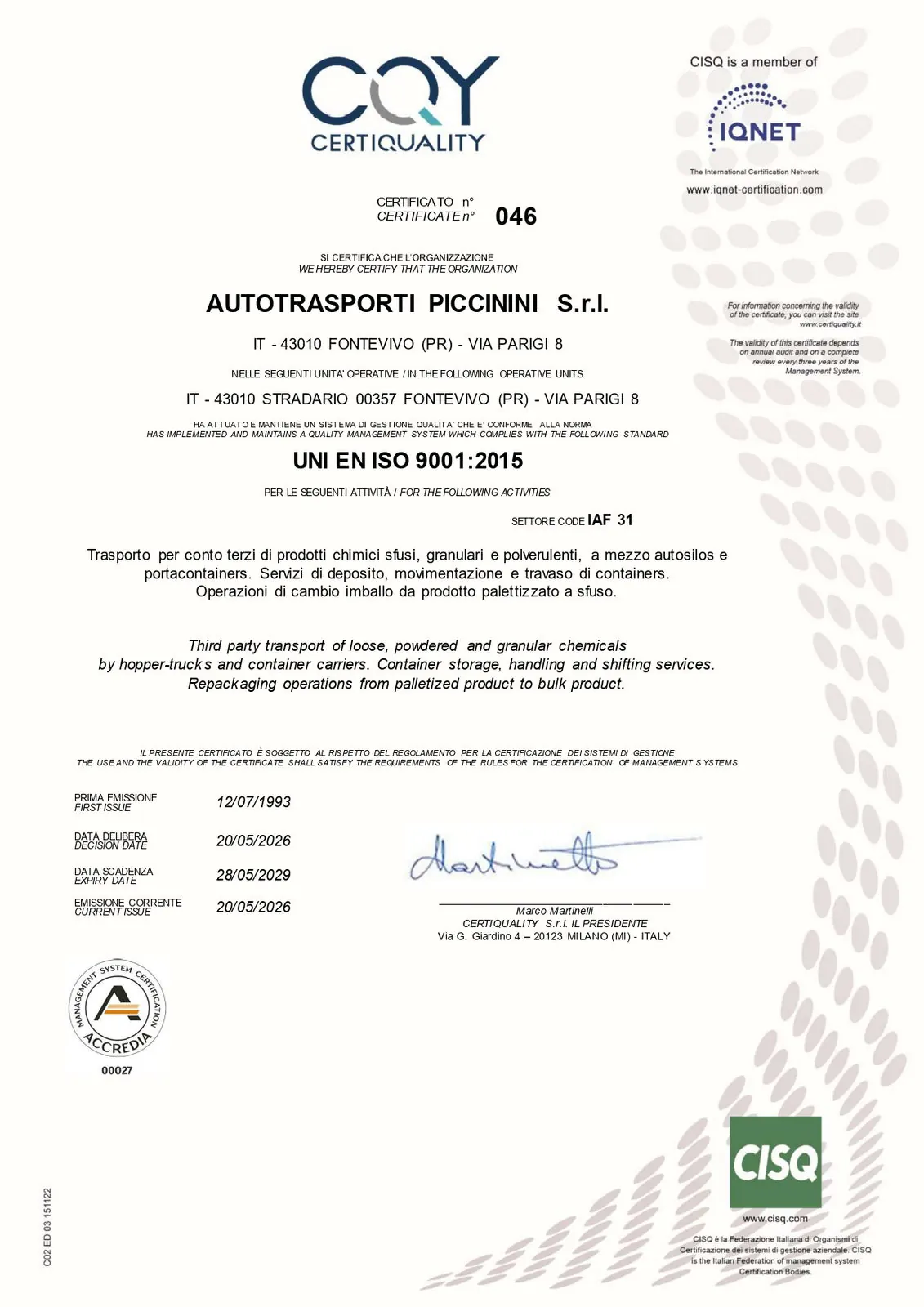 Autotrasporti Piccinini UNI EN ISO 9001:2015 certificate, page 1