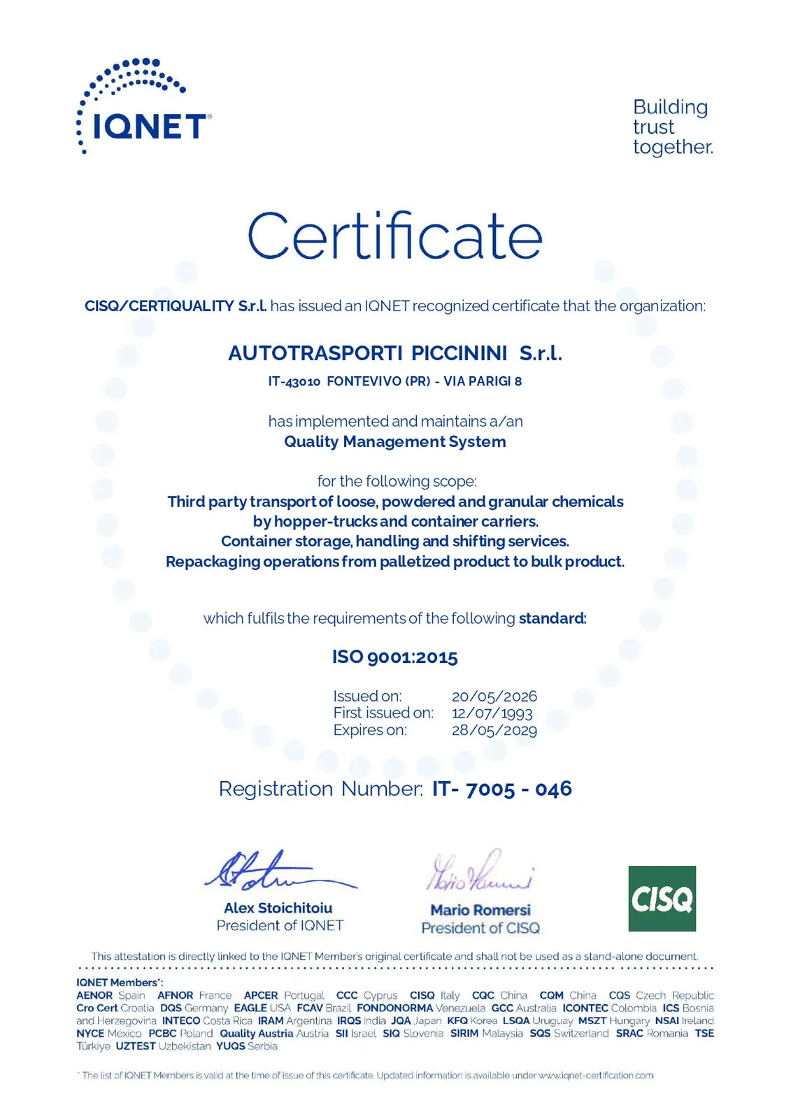 Autotrasporti Piccinini UNI EN ISO 9001:2015 certificate, page 2