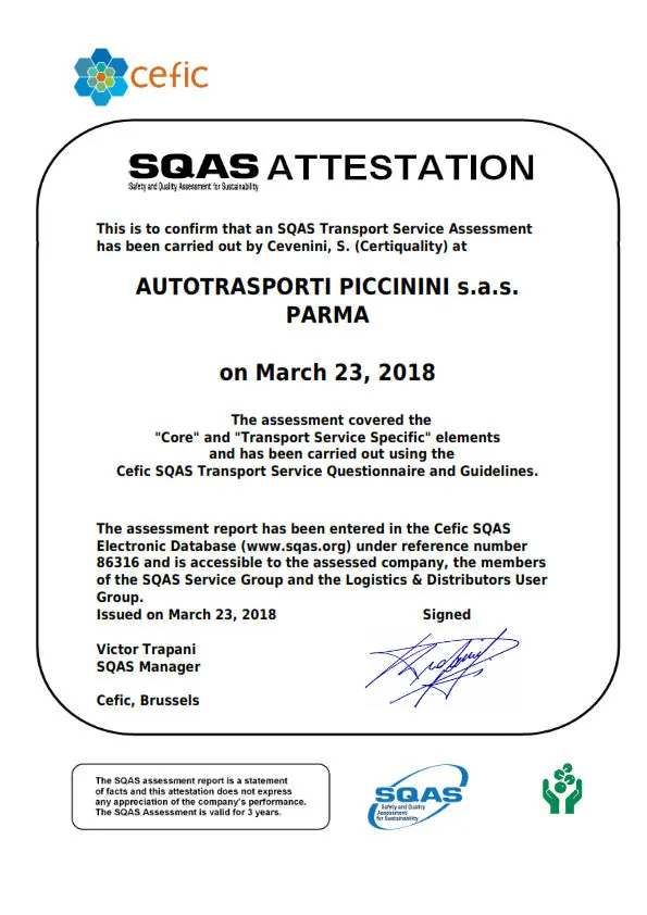 Cefic SQAS Attestation of 23 March 2018
